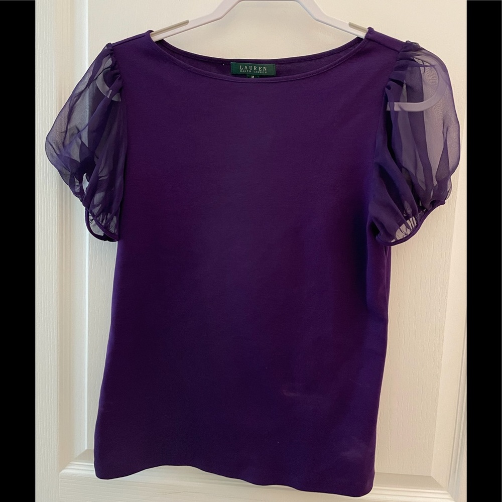 NWT LAUREN RALPH LAUREN deep purple knit top with sheer short sleeves, size M